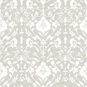 Damask Petal Parade – White on Agreeable Gray Linen Wallpaper – New