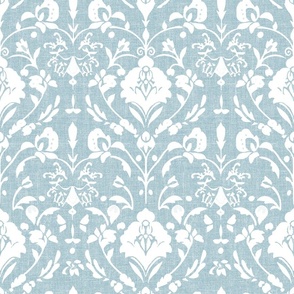 Damask Petal Parade – White on French Blue Grasscloth-Linen Wallpaper – New 