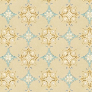 ceiling paper, light blue on cream, with gold accents 