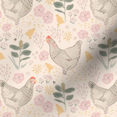 French country garden with chickens and flowers in soft colors {smaller scale}