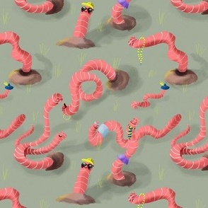 Crazy Cute Worms playing Peekaboo on Sage Green 6in