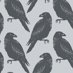 Gothic Crows Muted Blue Wallpaper - 24” Fabric