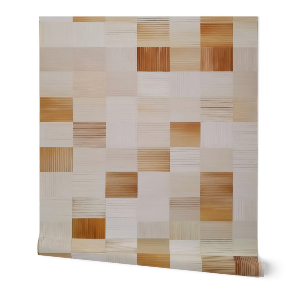 squares with  light, neutral colors accented with darker wood and earthtones
