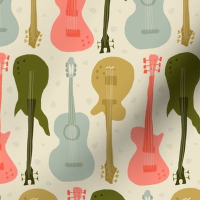 Self-expression small - Hand drawn guitars in retro vintage colours on cream beige background