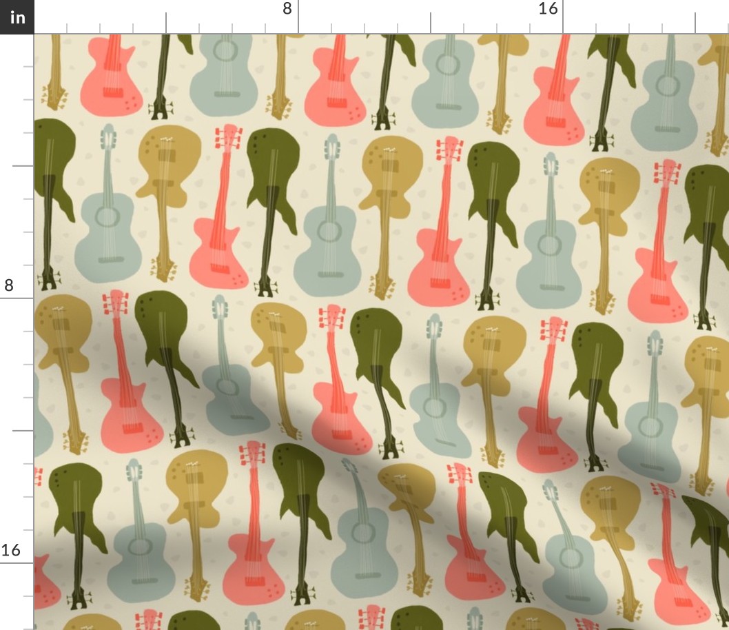 Self-expression small - Hand drawn guitars in retro vintage colours on cream beige background