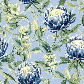 Palmetto Protea – Blue/Green on Chambray Blue Linen Wallpaper - New 