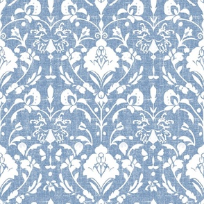 Damask Petal Parade – White on Chambray Blue Linen Wallpaper – New