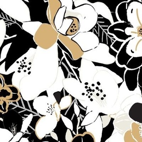 Magnolia Flowers Overlapping In White And Black On Black Ground Medium Scale