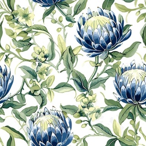 Palmetto Protea – Blue/Green on White Wallpaper - New 