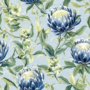 Palmetto Protea – Blue/Green on Pale Blue Linen Wallpaper - New 