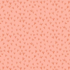 Bird Foot Prints in Coral on Pink Background | Medium Version | Arts and Crafts Style Pattern 