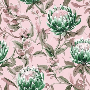 Palmetto Protea – Pink/Green on Pink Wallpaper - New