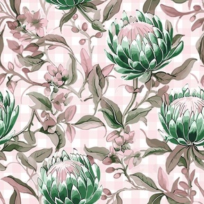Palmetto Protea – Pink/Green on Pink Plaid Wallpaper - New 
