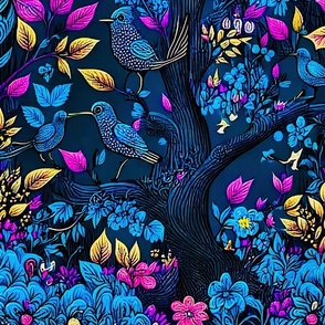 Whimsical birds on a tree