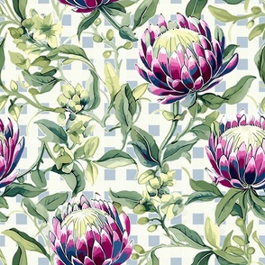 Palmetto Protea – Pink/Cream on Blue/Cream Plaid Wallpaper - New 