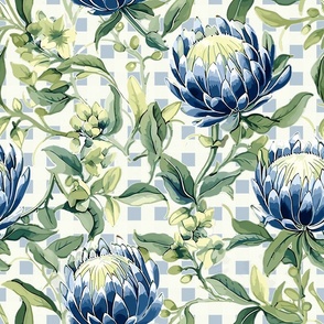 Palmetto Protea – Blue/Cream on Blue/Cream Plaid Wallpaper - New 