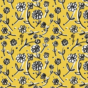 Black  hand-drawn flowers in a loose, sketchy style on a mustard background