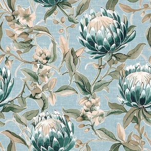 Palmetto Protea – Teal/Greige on French-Blue Linen Wallpaper - New