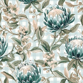 Palmetto Protea – Teal/Greige on French-Blue Linen Plaid Wallpaper 