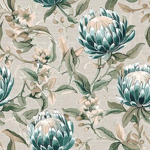 Palmetto Protea – Teal/Greige on Agreeable Gray Linen Wallpaper - New 