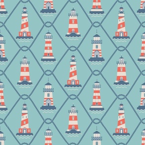 (M) Lighthouses and fishing net Coastal Chic tidewater green