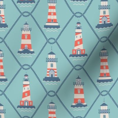 (S) Lighthouses and fishing net Coastal Chic tidewater green