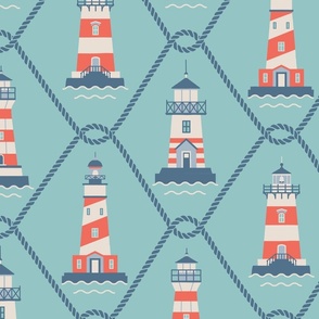 (L) Lighthouses and fishing net Coastal Chic tidewater green