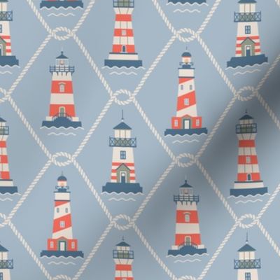 (S) Lighthouses and fishing net Coastal Chic blue gray