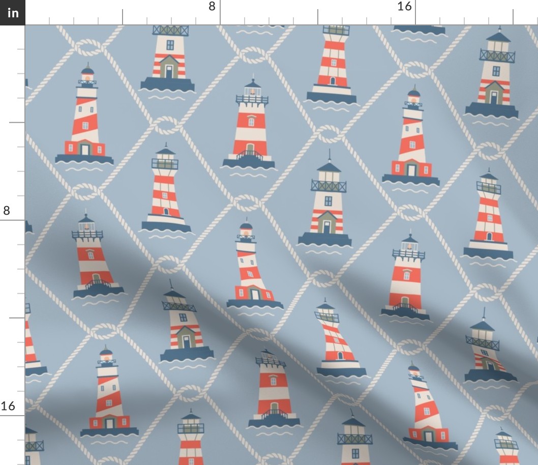 (M) Lighthouses and fishing net Coastal Chic blue gray