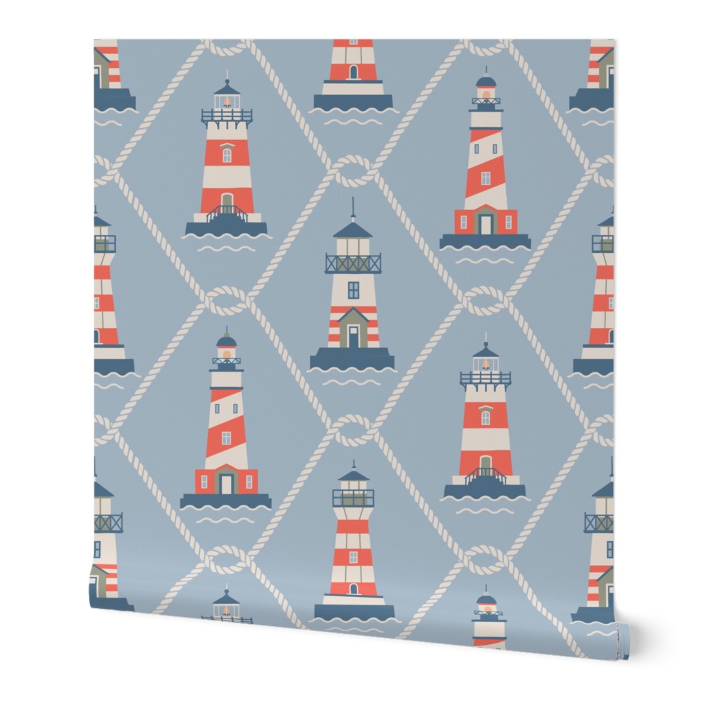 (L) Lighthouses and fishing net Coastal Chic blue gray