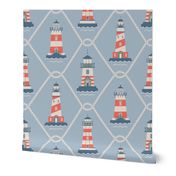 (L) Lighthouses and fishing net Coastal Chic blue gray