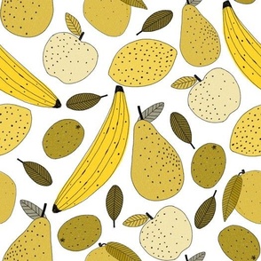 Monochrome YELLOW fruit in pen and watercolour on a white background