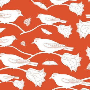 hand painted white birds, butterflies and flowers with textured detail on a red background