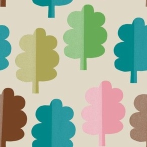 Graphic leaf shapes in retro brown, pink, green and teal on a cream background
