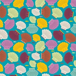 CUTE scallop shell characters in RETRO pastel colours on a BRIGHT blue background - MEDIUM SCALE
