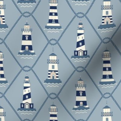 (S) Lighthouses and fishing net Coastal Chic blue gray classic blue