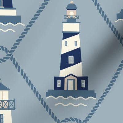(L) Lighthouses and fishing net Coastal Chic blue gray classic blue