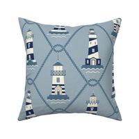 (L) Lighthouses and fishing net Coastal Chic blue gray classic blue