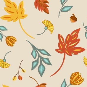 Artistic Fall Woodland Leaves in Orange, Yellow, Teal, Ivory