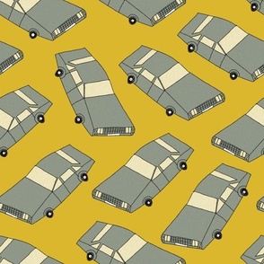 Minimalist Hand-drawn, grey cars on an olive yellow background 