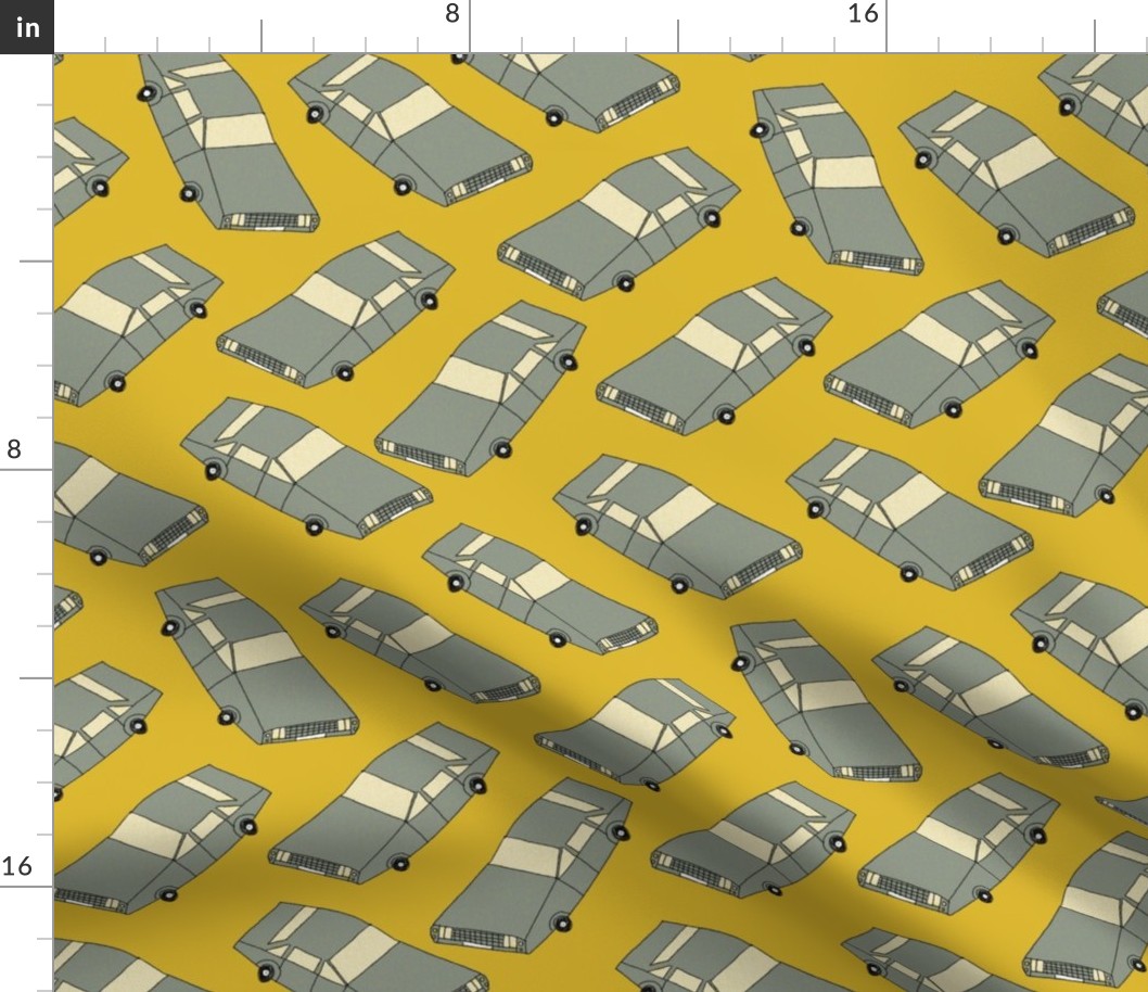 Minimalist Hand-drawn, grey cars on an olive yellow background 