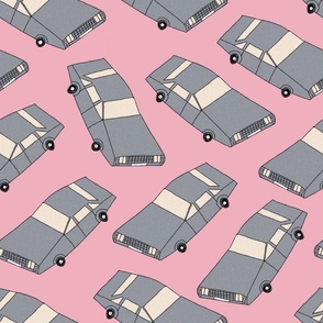 Minimalist Hand-drawn, grey cars on a pink background 