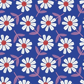 White flowers with a pink stem and red stamen on a bright dark blue background