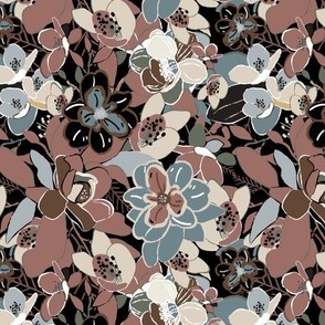 Magnolia Flowers Overlapping In Mauve Black And Blue-Gray On Black Ground Small Scale