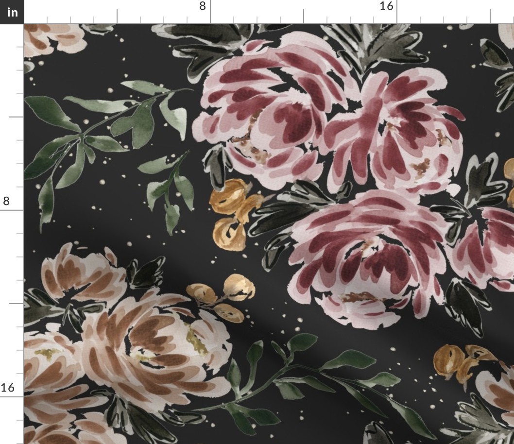 Jumbo - Celeste Peony Blooms - Charcoal - Freckles - Moody Watercolour Florals