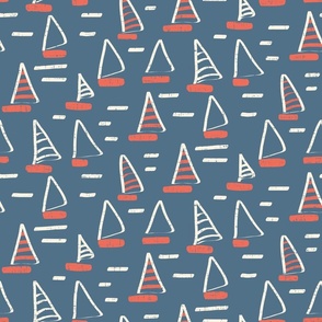 Large Scale Abstract Coral Orange Textured Sailboats on Admiral Blue Water and White Waves