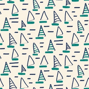 Large Scale Abstract Navy and Sea Green Textured Sailboats on Ivory and Navy Waves