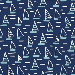 Large Scale Abstract Ivory and Opal Green Textured Sailboats on Navy with Ivory Waves