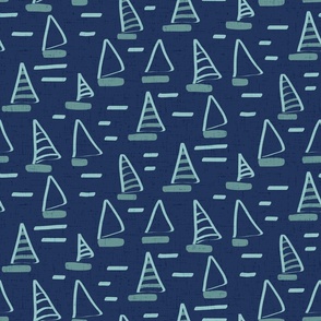 Large Scale Abstract Opal Green Sailboats on Navy with Opal Green Waves Faux Texture