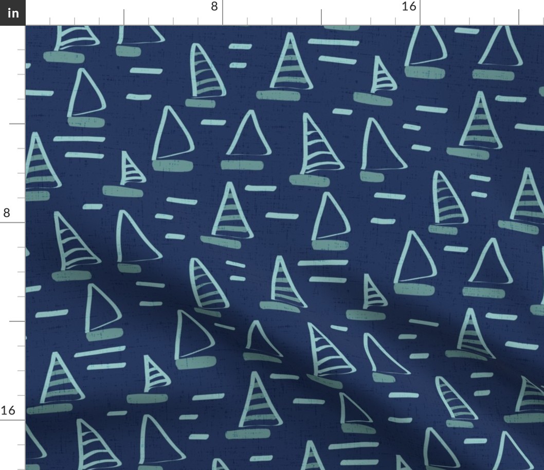 Large Scale Abstract Opal Green Sailboats on Navy with Opal Green Waves Faux Texture